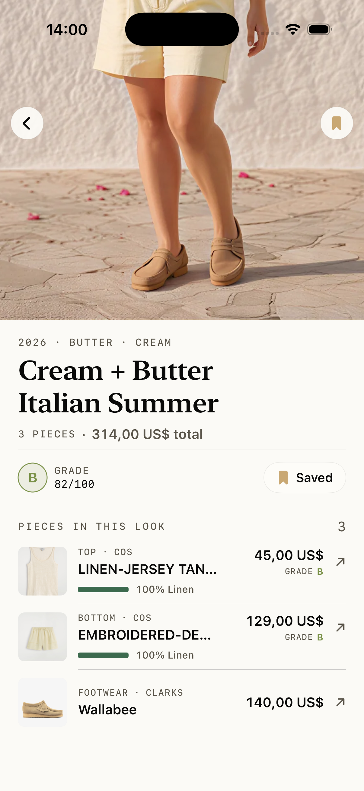 Outfit detail: Cream + Butter Italian Summer with per-piece grades and fiber composition
