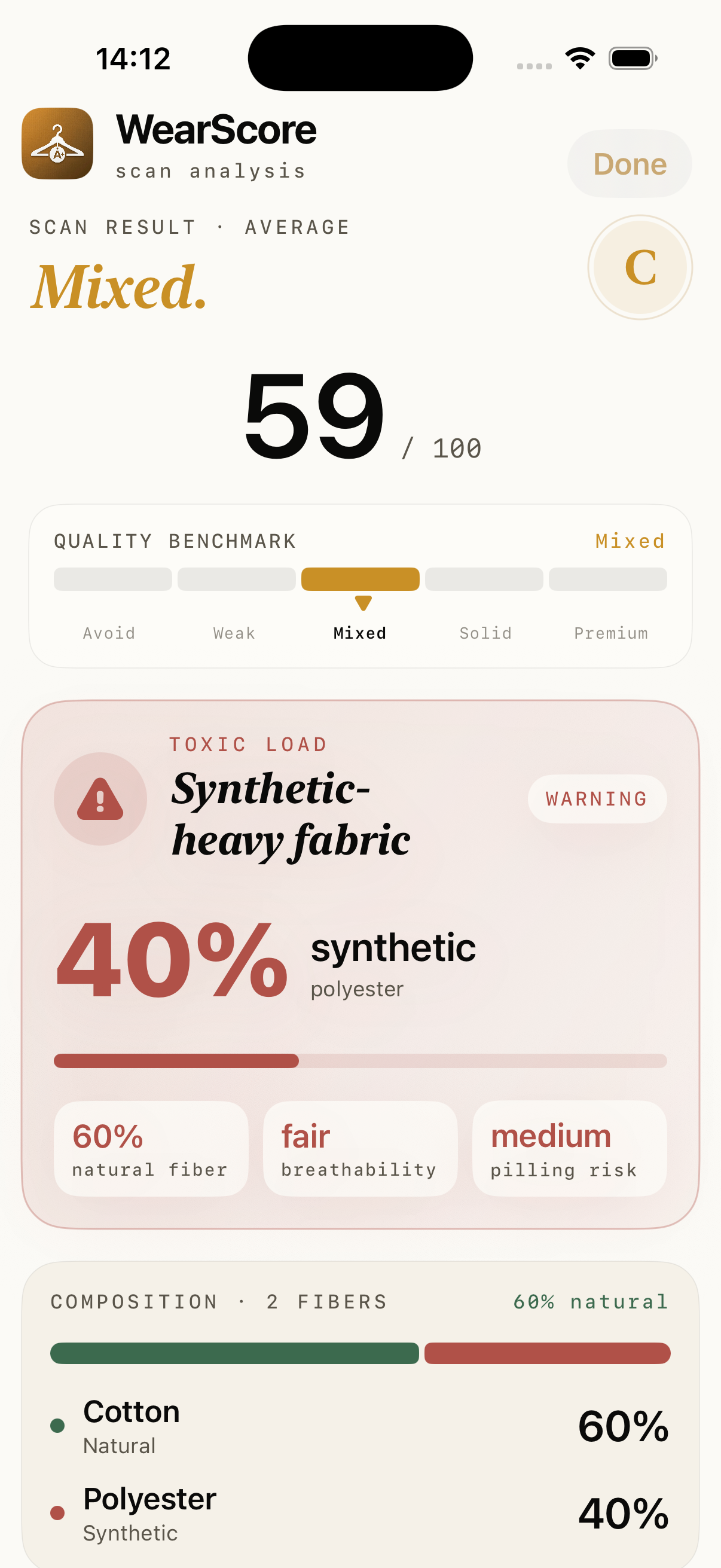 WearScore quality grade result