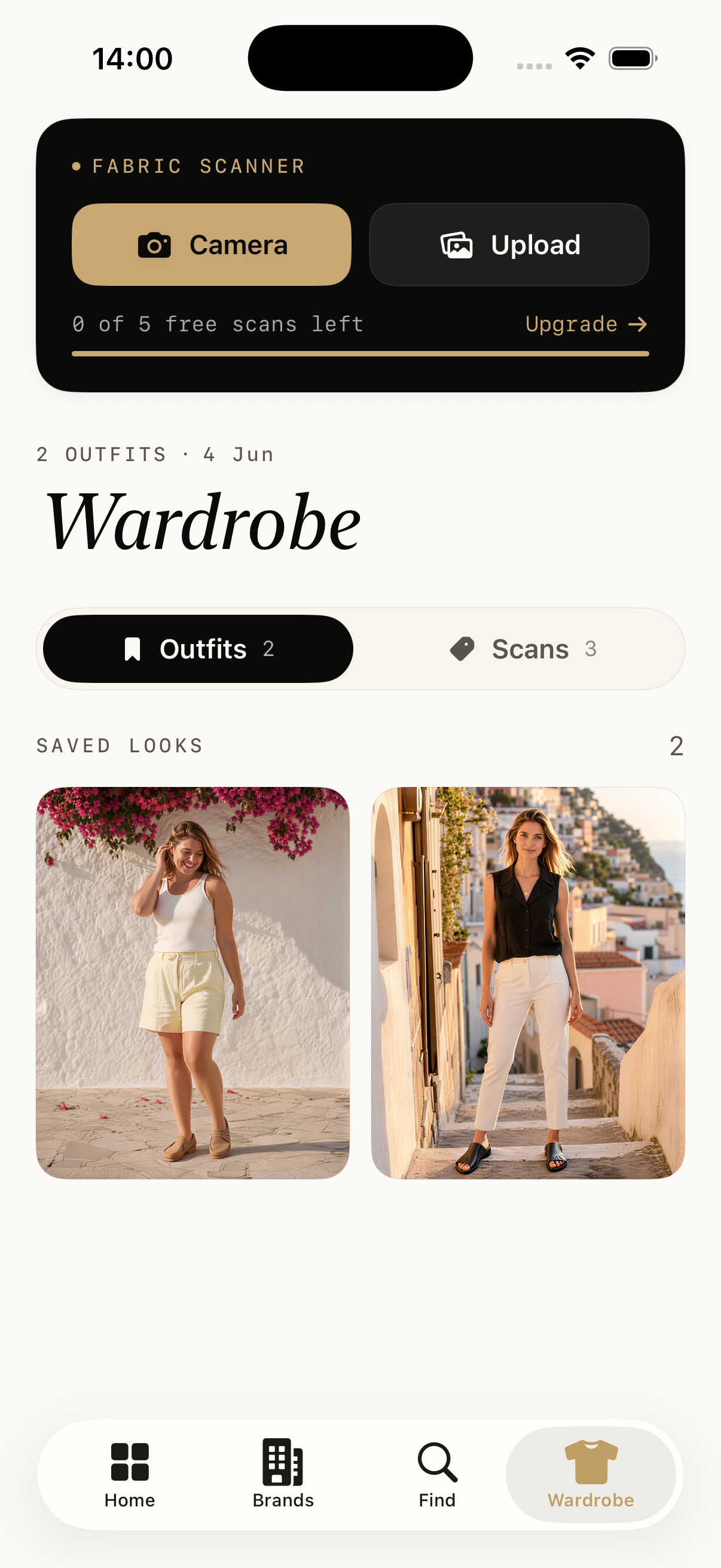 WearScore wardrobe with saved outfits and scans